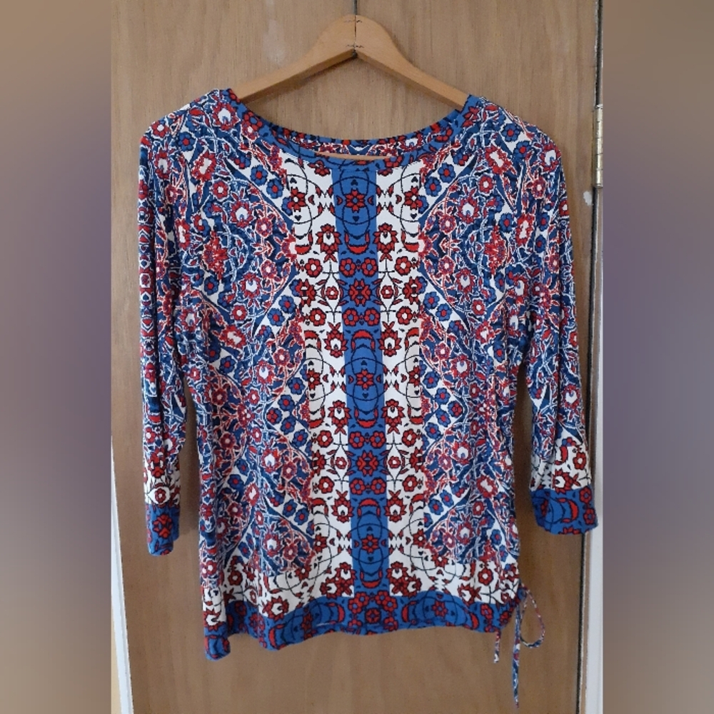 Women's Blue and Red Patterned Top Size L